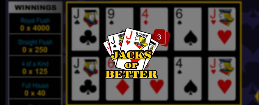 In this draw poker game, you are dealt 5 cards and have to choose which ones to keep. Discard the rest and press 'Deal' to get new ones. If you have a pair of Jacks or better, you win.