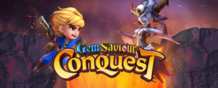 If the thought of a fantasy world that offers valuable Prizes excites you, then you’ll love Gem Saviour Conquest, as this game is both an adventure and Pokie with huge Payouts available! Don’t wait another minute, go grab your sword and set out to find as many different Gemstones as you can as you seek out the Features and Payouts available in this mysterious Pokie.


